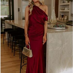 MABLE One-Shoulder Wine Red Satin Gown